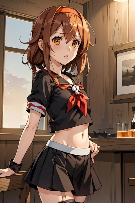(masterpiece, best quality), 1girl, <lora:kancolle_shiratsuyu-10:1> shiratsuyu, orange hairband, black serafuku, red neckerchief, short sleeves, black skirt