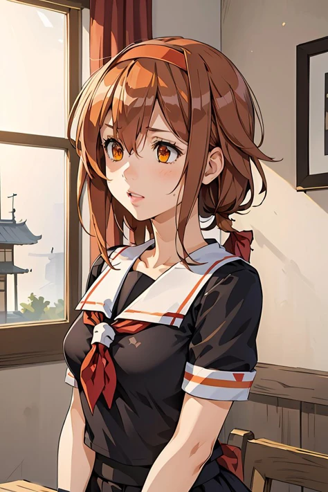 (masterpiece, best quality), 1girl, <lora:kancolle_shiratsuyu-10:1> shiratsuyu, orange hairband, black serafuku, red neckerchief, short sleeves, black skirt