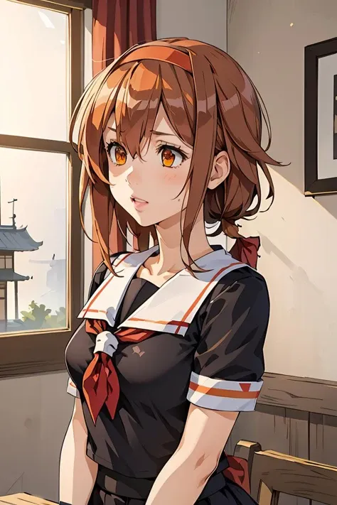 (masterpiece, best quality), 1girl,   <lora:kancolle_shiratsuyu-10:1> shiratsuyu, orange hairband, black serafuku, red neckerchief, short sleeves, black skirt