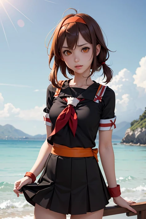 (masterpiece, best quality), 1girl, <lora:kancolle_shiratsuyu-10:1> shiratsuyu, orange hairband, black serafuku, red neckerchief, short sleeves, black skirt