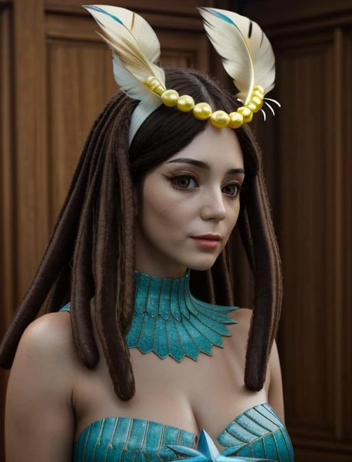 best quality, masterpiece, highres, detailed, cosplay, realistic, 1woman in her 30's, <lora:Detail - add_detail:0.2>, AmaryllisDRS, gem, jade neck ornament, dreadlock hair, thick hair, medium hair, brown eyes, feather ornament, forehead, mature woman, <lora:AmaryllisDRS-10:0.9>, happy,