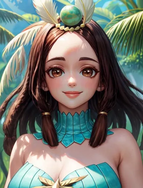 best quality, masterpiece, highres, detailed, digital artwork, <lora:Detail - add_detail:0.2>, AmaryllisDRS, gem, jade, dreadlock hair, thick hair, medium hair, brown eyes, feather ornament, forehead, turquoise dress, close-up, mature woman, <lora:AmaryllisDRS-10:0.9>, jungle, smile