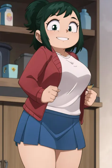 <lora:BloodyMen:1> bloodymen, 1girl, solo, masterpiece, looking at viewer, blush, happy, smiling,  <lora:Kizuki - My Hero Academia - Midoriya Inko:0.8> midoriya inko, green hair, short hair, short ponytail, green eyes, large breasts, curvy, plump, jacket, shirt, skirt,