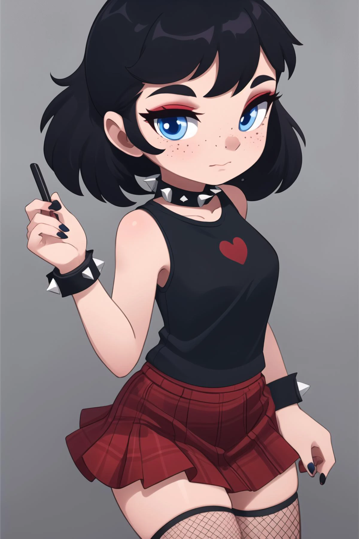 1girl, solo, masterpiece, <lora:BloodyMen:0.8> bloodymen, punk, black shirt, plaid skirt, fishnet stockings, boots, spiked cuffs, spiked collar, black hair, eyeliner, body freckles, freckles, black hair, blue eyes, blood, bloody, black fingernails, red skirt, black lipstick