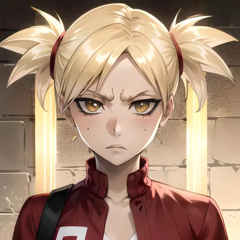 (Masterpiece, Best Quality, extremely detailed, intricate, hyper detailed, , illustration, soft lighting, , high resolution, sharp detail, beautiful, beautiful eyes, anatomically correct, extremely detailed eyes, beautiful face, symmetrical eyes, symmetrical face, amazing lighting, sharp focus, realistic skin texture),
<lora:ch-sarugakihayami:1> 1girl, sarugaki hiyori, blonde hair, yellow eyes, short twintails, small breasts, open jacket, red jacket, white shirt, red track pants, blushing, standing up, leaning against wall