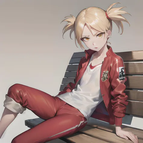 (masterpiece, best quality, incredible detail, perfect lighting, ultra high skin detail:1.2, detailed face, simple background) <lora:ch-sarugakihayami:0.8>, sarugaki hiyori, blonde hair, yellow eyes, short twintails, small breasts, red jacket, open jacket, white shirt, (red track pants), 1girl, sitting upright, outdoors, on bench , looking at viewer,