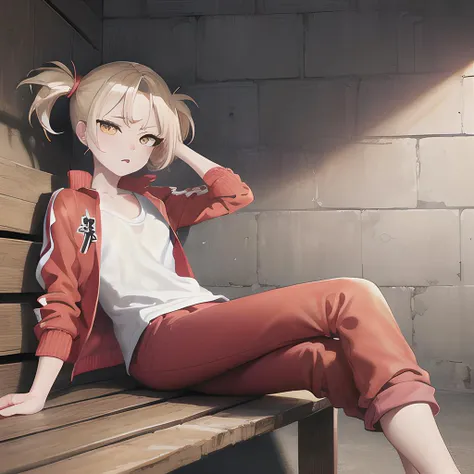 1girl, blonde hair, yoimiya, bandage, ((peeing stain)), worried, standing, blushing,
