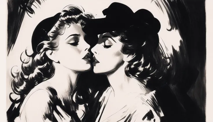 Film noir style two people kissing passionately, art by anders zorn, <lora:xl_more_art-full_v1:0.4>, <lora:zorn:1> . Monochrome, high contrast, dramatic shadows, 1940s style, mysterious, cinematic