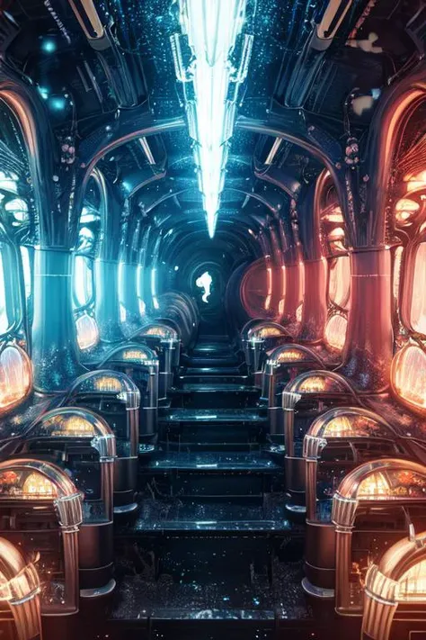 (otherworldly, otherworldly atmosphere, otherworldly appearance), highly insanely detailed, masterpiece, top quality, best quality, highres, 4k, 8k, RAW photo, Subway/Metro, Sequential Tail Lights, Crystal, Asymmetrical, , (fantasy world)