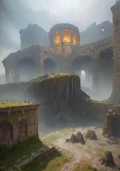 (masterpiece), vast ancient dungeon, (decrepit scenery), megastructure, (art by [Bastien Lecouffe-Deharme|Caspar David Friedrich ]:1.2), (unreal engine render, photorealistic painting, photorealism:1.2), (mysterious)
