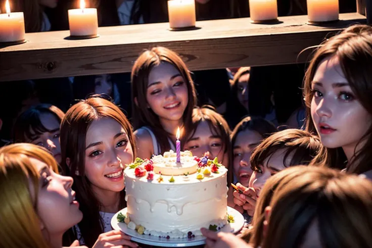 <(photorealistic:1.4), (extremely intricate:1.2)>, <(exquisitely detailed skin), cinematic light, ultra high res, 8k uhd, intricate details, Light, Oil Painting Texture, film grain, dreamlike, perfect anatomy, best shadow, delicate, RAW>,
lgirl, solo, holding a birthday cake, beautiful, dimly lit room, flickering candlelight, elegant dress, curly hair, soft smile, birthday celebration, cream cake with fruits, cozy atmosphere,
(((5girls:1.9))), close-up, looking at viewer, ((Long straight hair)), ((hook nose)). detailed eyes, bright pupils, (character_focus), delicate skin, Radiant skin, fair skin, ((smile:1.2)), ((Light purple Dress)),