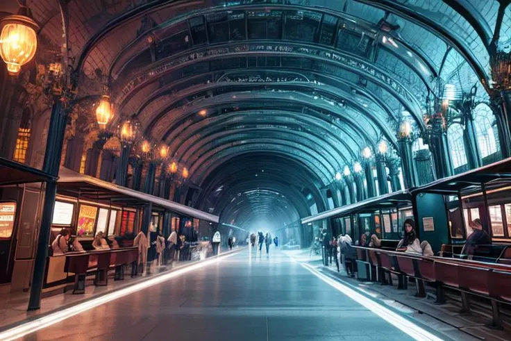 (otherworldly, otherworldly atmosphere, otherworldly appearance), highly insanely detailed, masterpiece, top quality, best quality, highres, 4k, 8k, RAW photo, Subway/Metro, Sequential Tail Lights, Crystal, Asymmetrical, vacuum tube, (fantasy world)