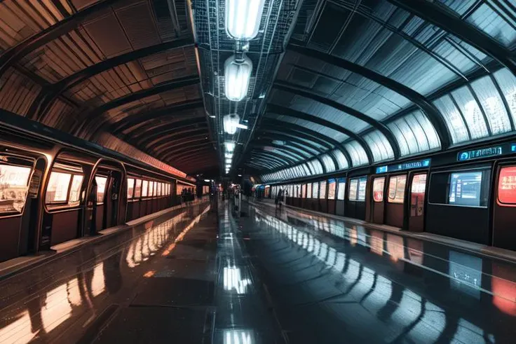 (otherworldly, otherworldly atmosphere, otherworldly appearance), highly insanely detailed, masterpiece, top quality, best quality, highres, 4k, 8k, RAW photo, Subway/Metro, Sequential Tail Lights, Crystal, Asymmetrical, vacuum tube, (fantasy world)