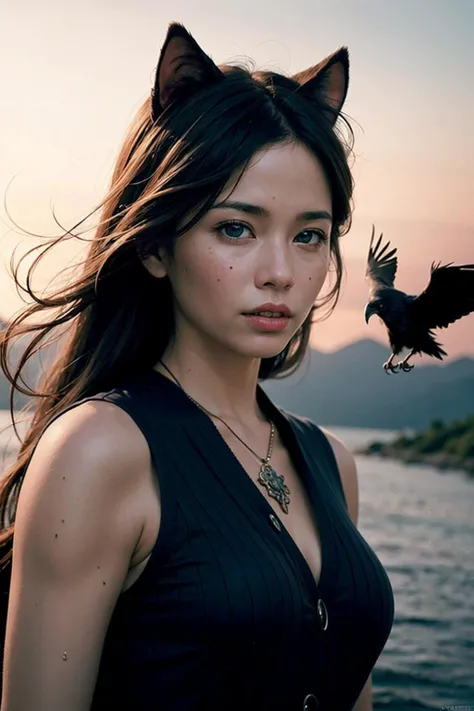 <(photorealistic:1.6), (extremely intricate:1.4)>, Lucy Liu catgirl, wizard, strong wind, (raven on shoulder:1.2), masterpiece, 8k, perfect skin, concept art, vignette, backlight, looking at the viewer, cinematic lighting, in style of Greg Rutkowski, embers, fantasy background, action pose, holding a small magic wand, water splash, misty, fireball, soothing tones,