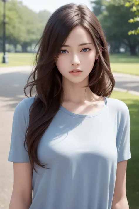 (masterpiece:1.2), (best quality:1.2), 8k, ultra high res, (photorealistic:1.4), raw photo, realistic, 1girl, casual clothing, long hair, wavy hair, model pose, park, upper body