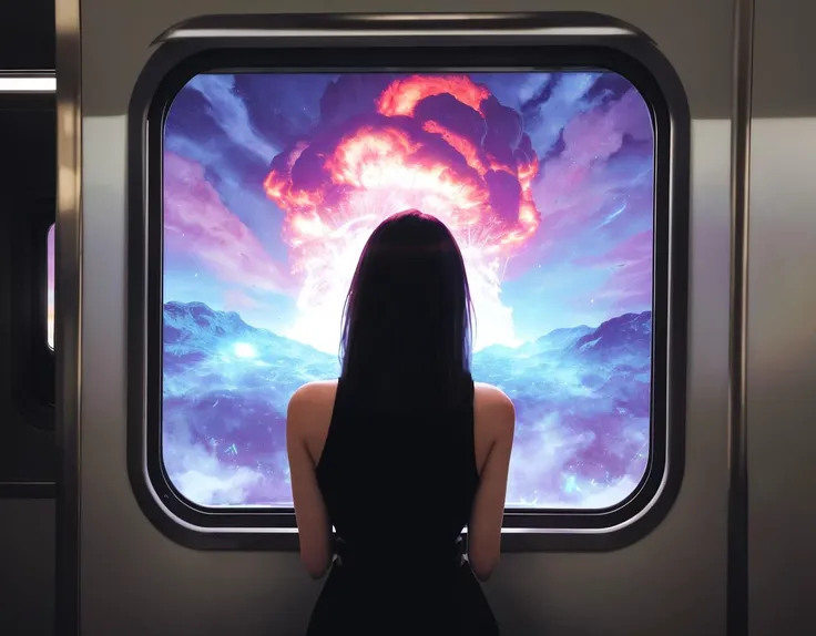 three cornered window, back of head shot of (woman looking out of triangle window:1.1), 3rd person, Looking out the triangular window of a (train:1.1) with triangular windows, triangular windows and triangular, wheels, in a fantasy world,
psychedelic, geometric, vivid light, high contrast, triadic colors, dark shadows, explosions, nuclear mushroom cloud, nuclear explosion, dystopian nightmare,
(beautiful composition),
21 yo woman,