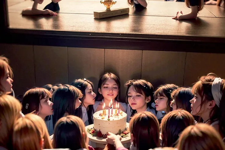 <(photorealistic:1.4), (extremely intricate:1.2)>, <(exquisitely detailed skin), cinematic light, ultra high res, 8k uhd, intricate details, Light, Oil Painting Texture, film grain, dreamlike, perfect anatomy, best shadow, delicate, RAW>,
lgirl, solo, holding a birthday cake, beautiful, dimly lit room, flickering candlelight, elegant dress, curly hair, soft smile, birthday celebration, cream cake with fruits, cozy atmosphere,
(((5girls:1.9))), close-up, looking at viewer, ((Long straight hair)), ((hook nose)). detailed eyes, bright pupils, (character_focus), delicate skin, Radiant skin, fair skin, ((smile:1.2)), ((Light purple Dress)),