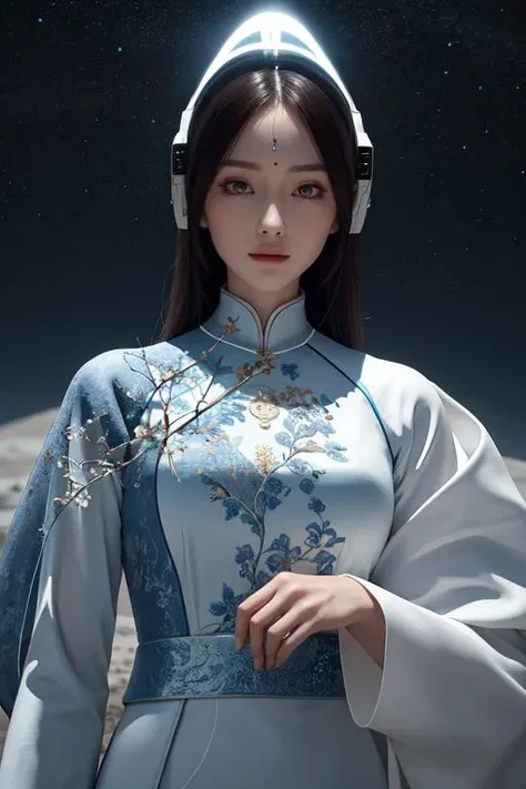 (otherworldly, otherworldly atmosphere, otherworldly appearance), highly insanely detailed, masterpiece, top quality, best quality, highres, 4k, 8k, RAW photo, A futuristic astronaut donning a spacesuit seamlessly blended with the elegance of an Ao Dai, a traditional Vietnamese dress. The astronaut's suit retains its technical sophistication, with sleek lines and high-tech materials, while the Ao Dai adds a touch of timeless grace. The Ao Dai features intricate embroidery and flows gracefully, with its long, split gown extending beneath the astronaut's helmet. The lunar landscape provides a backdrop, with Earth visible in the distance, casting a surreal, otherworldly glow. Futuristic astronaut, blended spacesuit and Ao Dai, elegant embroidery, lunar landscape, surreal atmosphere., cleavage, (fantasy world)