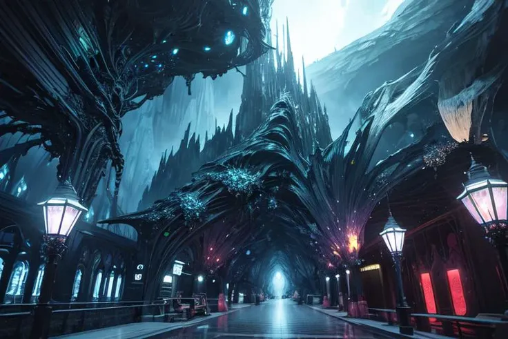 (otherworldly, otherworldly atmosphere, otherworldly appearance), highly insanely detailed, masterpiece, top quality, best quality, highres, 4k, 8k, RAW photo, Subway/Metro, Sequential Tail Lights, Crystal, Asymmetrical, (fantasy world)