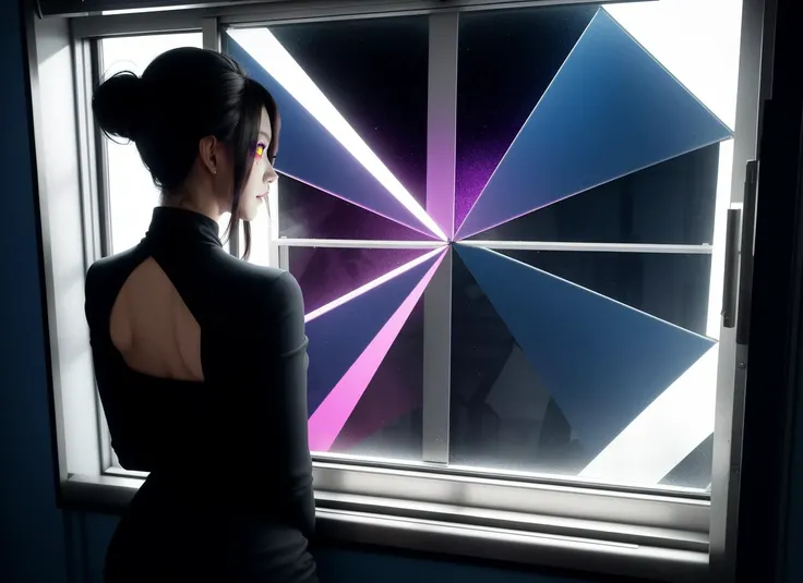 three cornered window, back of head shot of (woman looking out of triangle window:1.1), 3rd person, Looking out the triangular window of a (train:1.1) with triangular windows, triangular windows and triangular, wheels, in a fantasy world,
psychedelic, geometric, vivid light, high contrast, triadic colors, dark shadows, explosions, nuclear mushroom cloud, nuclear explosion, dystopian nightmare,
(beautiful composition),
21 yo woman,