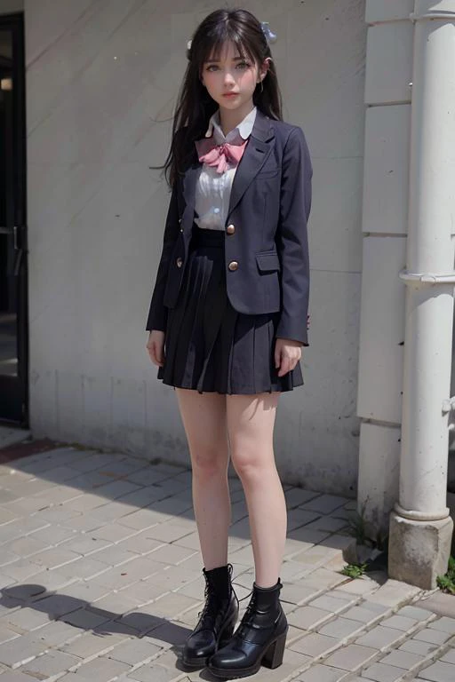 (RAW photo, best quality), (realistic, photo-realistic), delicate and beautiful, finely detail , ultra-detailed, highres,
soft light, focus on face,day in sunlight on face,lamppost,street,(full body:1.8), (front view:1.8),(front picture:1.8)
1girl, cute, young, realistic face, realistic body,asymmetrical bangs,side ponytail,,very long hair, light blush,
beautiful detailed girl, detailed fingers, extremely detailed eyes and face, beautiful detailed nose, beautiful detailed eyes, long eyelashes, light on face,
(JK_suit),(JK_shirt),JK_style,(dark blue JK_skirt) ,(bow JK_tie),
looking at viewer, straight-on ,staring,