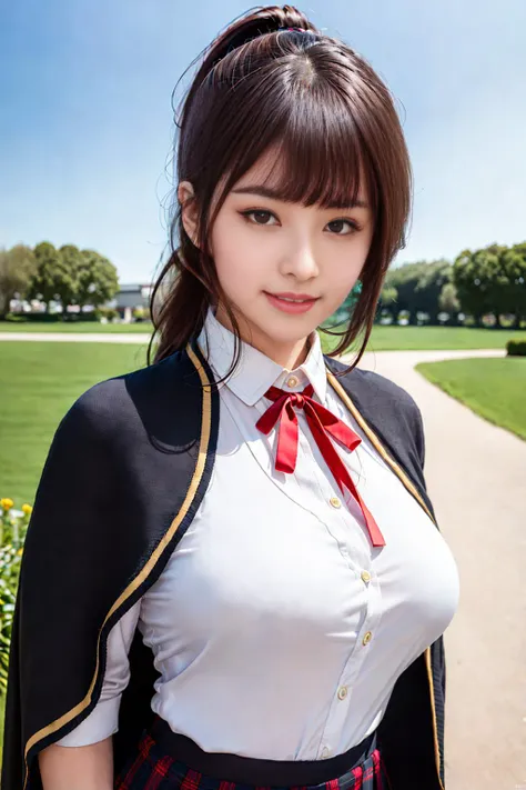 (masterpiece), (best quality),(ultra_highres),(8k resolution),(realistic),(ultra_detailed),(((realism:1.4))),finely detail,high res,colorful,intricate detail,HDR,hand of Guido Daniele,huge breasts,smile, cool & sexy \(idolmaster\),
half body, Looking at the viewer,slim_legs, younger,beautiful_girl,1 girl, beautiful tooth, 18 yesrs old, ((beautiful eyes)), ((beautiful face)), ((focus on face)),camp, Environmental portrait,outdoor
<lora:aiBeautyIthlinni_ithlinniV1:0.4>, <lora:CelicaMS:0.5> celicams, (((ponytail,long hair,light brown hair,blunt bangs, ribbon, cape, school uniform, skirt, vest)))