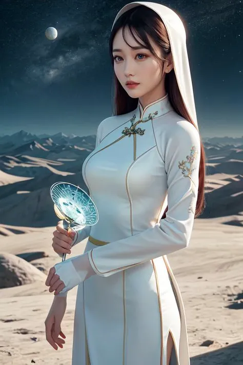 (otherworldly, otherworldly atmosphere, otherworldly appearance), highly insanely detailed, masterpiece, top quality, best quality, highres, 4k, 8k, RAW photo, A futuristic astronaut donning a spacesuit seamlessly blended with the elegance of an Ao Dai, a traditional Vietnamese dress. The astronaut's suit retains its technical sophistication, with sleek lines and high-tech materials, while the Ao Dai adds a touch of timeless grace. The Ao Dai features intricate embroidery and flows gracefully, with its long, split gown extending beneath the astronaut's helmet. The lunar landscape provides a backdrop, with Earth visible in the distance, casting a surreal, otherworldly glow. Futuristic astronaut, blended spacesuit and Ao Dai, elegant embroidery, lunar landscape, surreal atmosphere., cleavage, (fantasy world)
