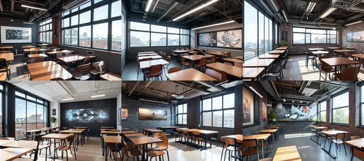 (otherworldly, otherworldly atmosphere, otherworldly appearance), highly insanely detailed, masterpiece, top quality, best quality, highres, 4k, 8k, RAW photo, (college room:1.6),
A college cafe with a trendy, industrial design. Students sip coffee at sleek tables, and the walls are adorned with local artwork. The atmosphere is perfect for both studying and socializing. Trendy college cafe, industrial design, coffee-sipping students, local artwork, study and socialize., (fantasy world)