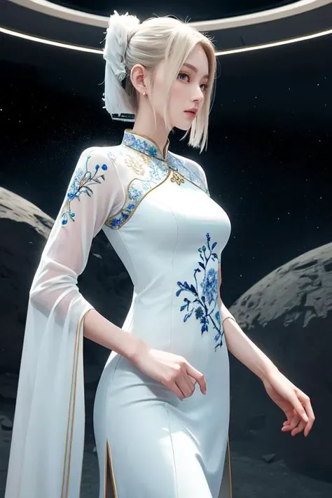 (otherworldly, otherworldly atmosphere, otherworldly appearance), highly insanely detailed, masterpiece, top quality, best quality, highres, 4k, 8k, RAW photo, A futuristic astronaut donning a spacesuit seamlessly blended with the elegance of an Ao Dai, a traditional Vietnamese dress. The astronaut's suit retains its technical sophistication, with sleek lines and high-tech materials, while the Ao Dai adds a touch of timeless grace. The Ao Dai features intricate embroidery and flows gracefully, with its long, split gown extending beneath the astronaut's helmet. The lunar landscape provides a backdrop, with Earth visible in the distance, casting a surreal, otherworldly glow. Futuristic astronaut, blended spacesuit and Ao Dai, elegant embroidery, lunar landscape, surreal atmosphere., cleavage, (fantasy world)