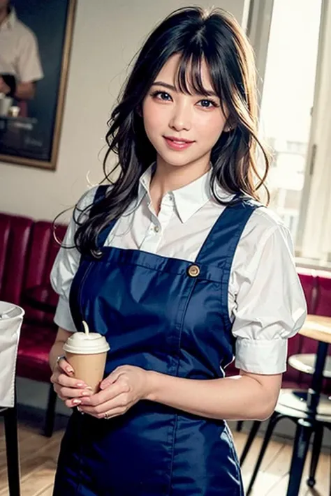 <(photorealistic:1.6), (extremely intricate:1.4)>, looking at viewer,cinematic light, ultra high res, 8k uhd, film grain, <(exquisitely detailed skin),perfect anatomy, best shadow, delicate, RAW>,
40 years old cute and beautiful waitress,asian, at cafe,white apron,brown shirts,tan skin,braid, black hair,standing,ultra-detailed eyes, gradient eye,smiles,open mouth,shiny brown eyes, water color background, {{{waitress suit}}},cafe table, guests,foods,cakes,coffee,coffee cups,sfw:1.8,