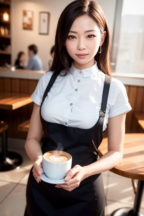 <(photorealistic:1.6), (extremely intricate:1.4)>, looking at viewer,cinematic light, ultra high res, 8k uhd, film grain, <(exquisitely detailed skin),perfect anatomy, best shadow, delicate, RAW>,
40 years old cute and beautiful waitress,asian, at cafe,white apron,brown shirts,tan skin,braid, black hair,standing,ultra-detailed eyes, gradient eye,smiles,open mouth,shiny brown eyes, water color background, {{{waitress suit}}},cafe table, guests,foods,cakes,coffee,coffee cups,sfw:1.8,