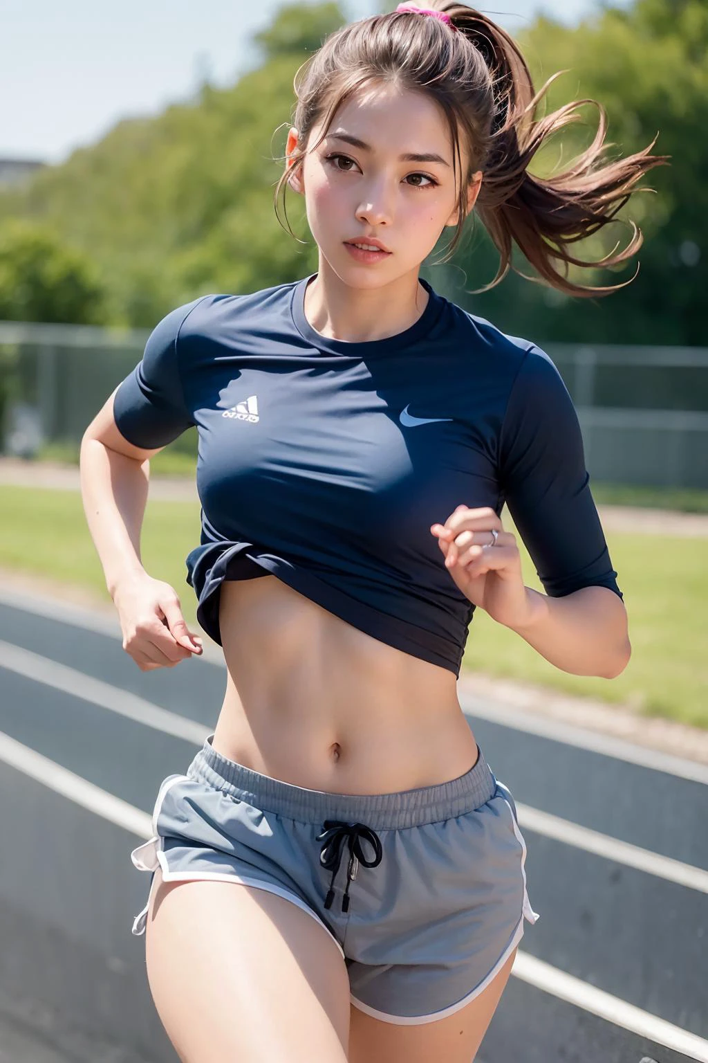 <(photorealistic:1.4), (extremely intricate:1.2)>, <(exquisitely detailed skin), cinematic light, ultra high res, 8k uhd, intricate details, Movie Light, Oil Painting Texture, film grain, dreamlike, perfect anatomy, best shadow, delicate, RAW>,
1 girl, solo, running, Gray Track Top, pink shorts, ponytail, athletic build, dynamic brushstrokes, fluid movement, capturing the essence of her athleticism and energy, using light colors and soft tones to create a dreamy and ethereal atmosphere, portraying the motion and grace of running, showing the wind blowing her ponytail and clothes, and the scenery of her surroundings.
outdoors, detailed background, Modern metropolis,