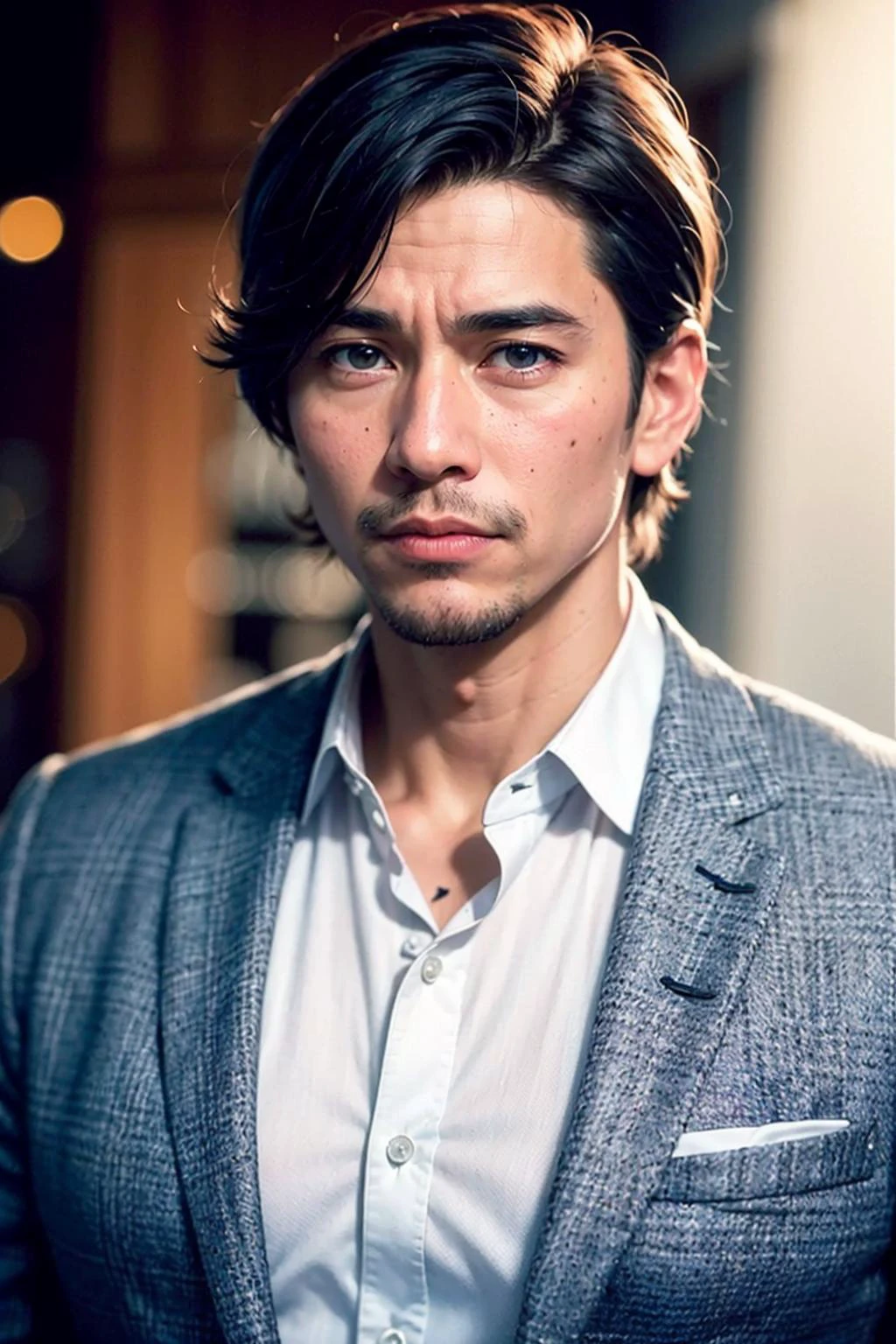 <(photorealistic:1.4), (extremely intricate:1.2)>, <(exquisitely detailed skin), cinematic light, ultra high res, 8k uhd, intricate details, Movie Light, Oil Painting Texture, film grain, dreamlike, perfect anatomy, best shadow, delicate, RAW>,
1boy, 55 years old Japanese male, (male:1.5), grey eyes, slanty eyes, (very short hair:1.3), under_cut, Pompadour, ((formal)), ((suit)), (((handsome, sharp, savage facial features,))), (stout muscular body), (stout physique),
SFW, outdoors, detailed background, Modern metropolis,