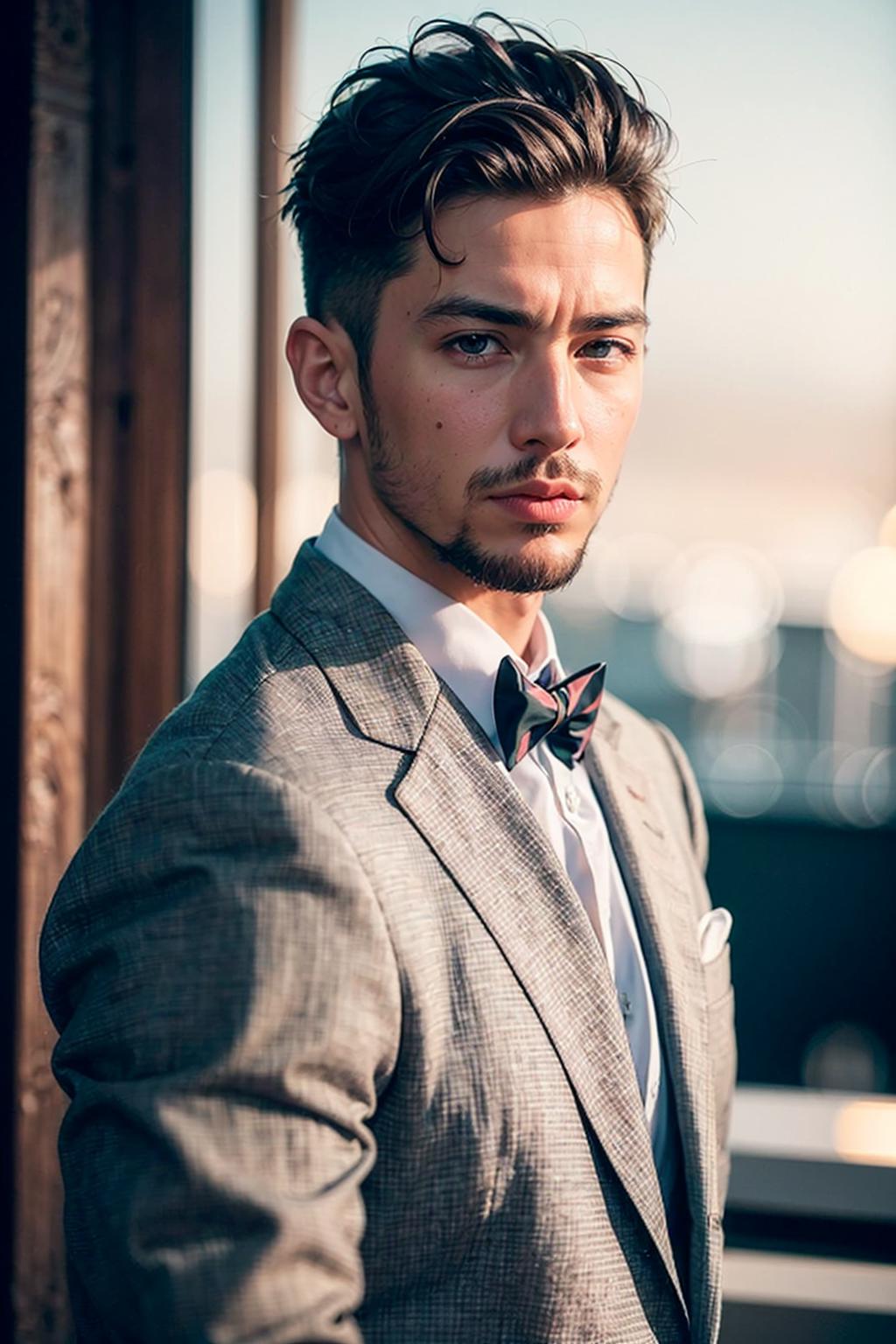 A close up of a man in a suit and bow tie - SeaArt AI