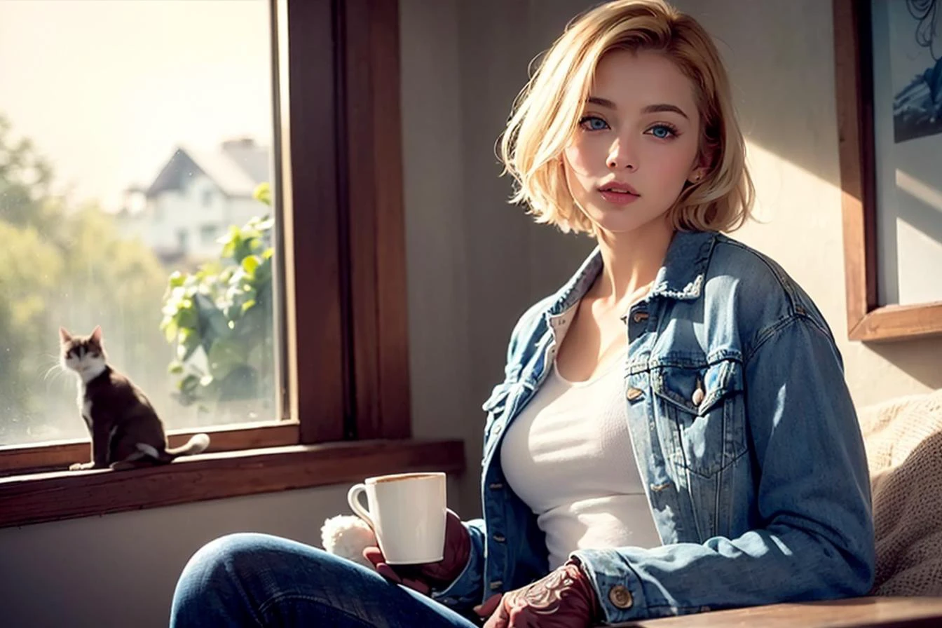 <(photorealistic:1.4), (extremely intricate:1.2)>, <(exquisitely detailed skin), cinematic light, ultra high res, 8k uhd, intricate details, Movie Light, Oil Painting Texture, film grain, dreamlike, perfect anatomy, best shadow, delicate, RAW>,
(((1 girl, cute, denim jacket, white top, jeans, Gloves, blond, short hair, bob hair, side parted hair, blue eyes))), (((blond hair))),
dynamic poses, manga style,
solo, sitting, a young and beautiful woman holding a cup of coffee with both hands, looking out the window with a soft smile, with a curious cat outside on the windowsill, surrounded by warm and cozy interior decor.
