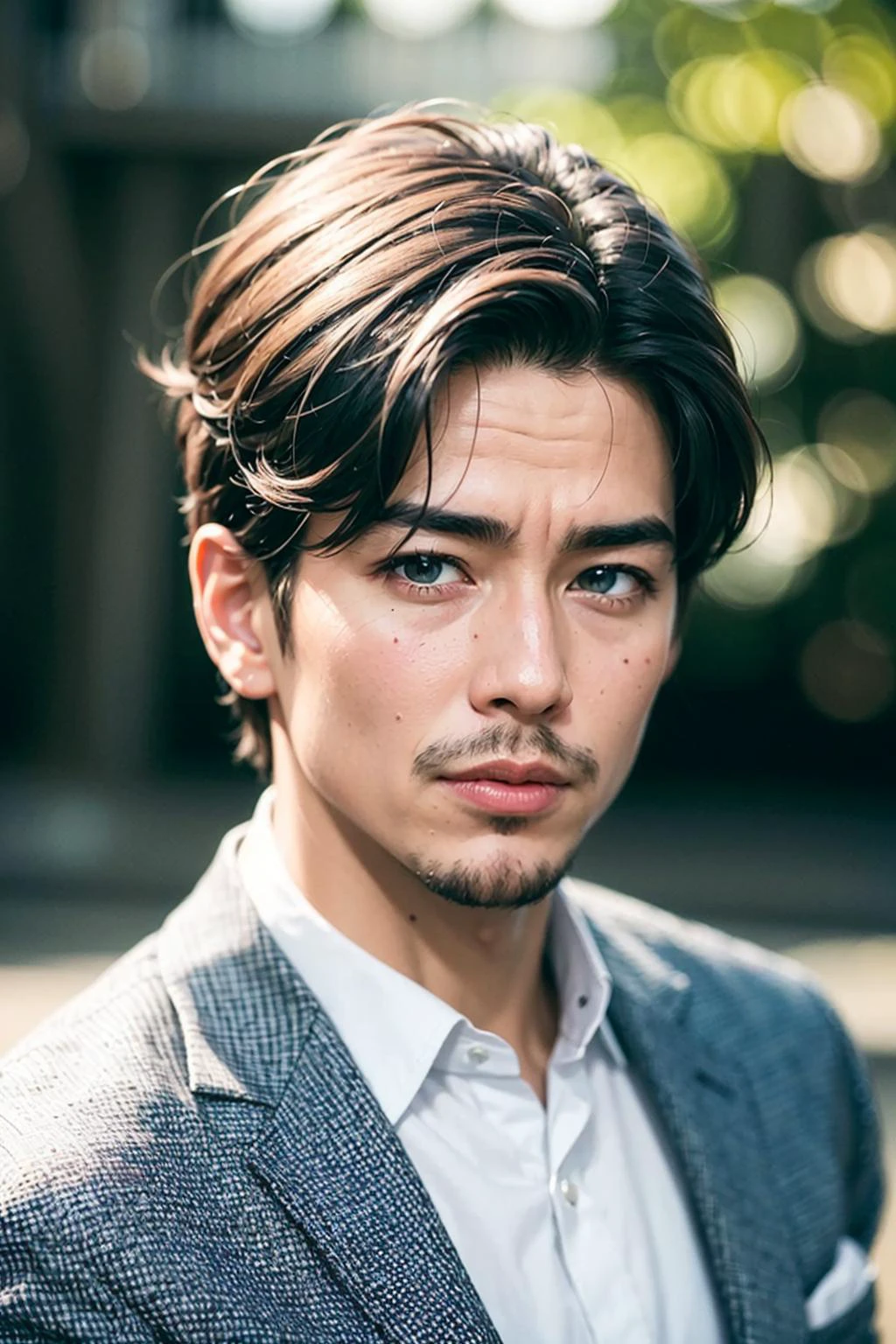 <(photorealistic:1.4), (extremely intricate:1.2)>, <(exquisitely detailed skin), cinematic light, ultra high res, 8k uhd, intricate details, Movie Light, Oil Painting Texture, film grain, dreamlike, perfect anatomy, best shadow, delicate, RAW>,
1boy, 55 years old Japanese male, (male:1.5), grey eyes, slanty eyes, (very short hair:1.3), under_cut, Pompadour, ((formal)), ((suit)), (((handsome, sharp, savage facial features,))), (stout muscular body), (stout physique),
SFW, outdoors, detailed background, Modern metropolis,
