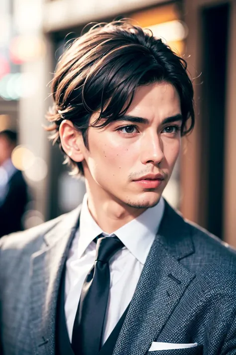<(photorealistic:1.4), (extremely intricate:1.2)>, <(exquisitely detailed skin), cinematic light, ultra high res, 8k uhd, intricate details, Movie Light, Oil Painting Texture, film grain, dreamlike, perfect anatomy, best shadow, delicate, RAW>,
1boy, Japanese male, (male:1.5), grey eyes, slanty eyes, (very short hair:1.3), under_cut, Pompadour, ((formal)), ((suit)), (((handsome, sharp, savage facial features,))), (stout muscular body), (stout physique),
SFW, outdoors, detailed background, Modern metropolis,