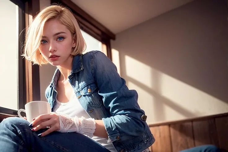 <(photorealistic:1.4), (extremely intricate:1.2)>, <(exquisitely detailed skin), cinematic light, ultra high res, 8k uhd, intricate details, Movie Light, Oil Painting Texture, film grain, dreamlike, perfect anatomy, best shadow, delicate, RAW>,
(((1 girl,  cute, denim jacket, white top, jeans, Gloves, blond, short hair, bob hair,  side parted hair, blue eyes))), (((blond hair))), 
dynamic poses, manga style, 
solo, sitting, a young and beautiful woman holding a cup of coffee with both hands, looking out the window with a soft smile, with a curious cat outside on the windowsill, surrounded by warm and cozy interior decor.