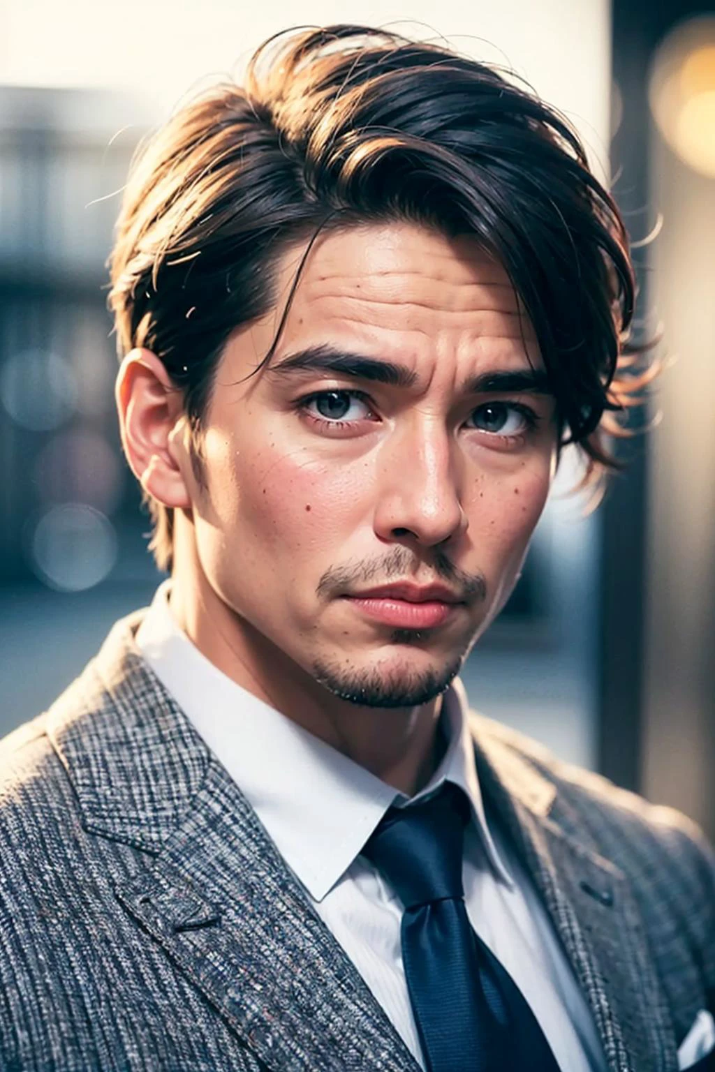 <(photorealistic:1.4), (extremely intricate:1.2)>, <(exquisitely detailed skin), cinematic light, ultra high res, 8k uhd, intricate details, Movie Light, Oil Painting Texture, film grain, dreamlike, perfect anatomy, best shadow, delicate, RAW>,
1boy, 55 years old Japanese male, (male:1.5), grey eyes, slanty eyes, (very short hair:1.3), under_cut, Pompadour, ((formal)), ((suit)), (((handsome, sharp, savage facial features,))), (stout muscular body), (stout physique),
SFW, outdoors, detailed background, Modern metropolis,