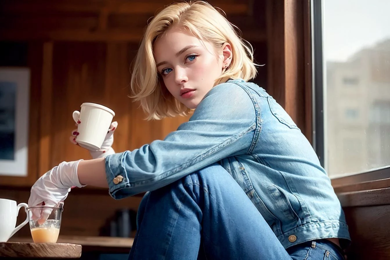 <(photorealistic:1.4), (extremely intricate:1.2)>, <(exquisitely detailed skin), cinematic light, ultra high res, 8k uhd, intricate details, Movie Light, Oil Painting Texture, film grain, dreamlike, perfect anatomy, best shadow, delicate, RAW>,
(((1 girl, cute, denim jacket, white top, jeans, Gloves, blond, short hair, bob hair, side parted hair, blue eyes))), (((blond hair))),
dynamic poses, manga style,
solo, sitting, a young and beautiful woman holding a cup of coffee with both hands, looking out the window with a soft smile, with a curious cat outside on the windowsill, surrounded by warm and cozy interior decor.