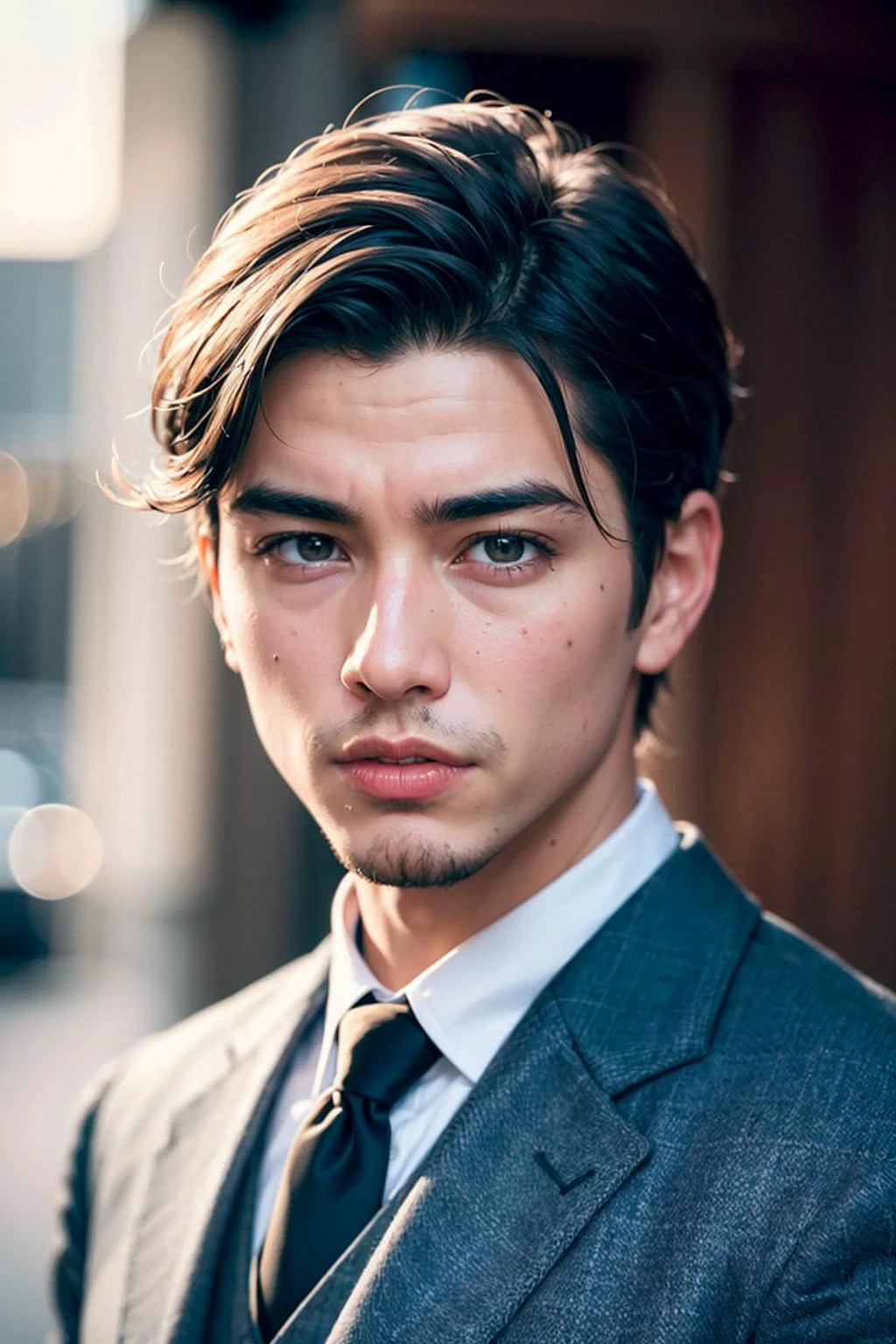 <(photorealistic:1.4), (extremely intricate:1.2)>, <(exquisitely detailed skin), cinematic light, ultra high res, 8k uhd, intricate details, Movie Light, Oil Painting Texture, film grain, dreamlike, perfect anatomy, best shadow, delicate, RAW>,
1boy, Japanese male, (male:1.5), grey eyes, slanty eyes, (very short hair:1.3), under_cut, Pompadour, ((formal)), ((suit)), (((handsome, sharp, savage facial features,))), (stout muscular body), (stout physique),
SFW, outdoors, detailed background, Modern metropolis,