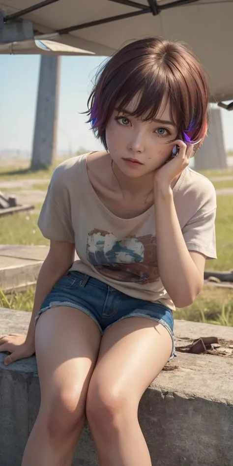 masterpiece, best quality, 8k, super detailed skin, perfect anatomy, propped up on one hand (sitting or standing), worried, cute, 1girl, colorful short hair, wearing shorts, a group of survivors in a post-apocalyptic world, <lora:cuteGirlMix4_v10:0.2>, <lora:tokyoGirl_v10:0.2>