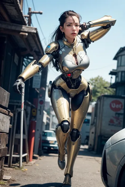 <(photorealistic:1.4), (extremely intricate:1.2)>, <(exquisitely detailed skin), cinematic light, ultra high res, 8k uhd, intricate details, Movie Light, film grain, dreamlike, best shadow, delicate, RAW>,

1girl, solo, Japanese girl, (((cyborg:1.4))), cyborg girl, cyborg armor, cyborg clothing, beautiful detailed eyes, finely detail, bright pupils, turquoise eyes, full body, large breasts:0.8, (((floating hair))), looking at viewer, pov, female focus, puffy eyes, long hair, gorgeous hair, air bangs, dynamic pose, dynamic angle, close-up, thighs open, showing panties, boobs exposed, fighting stance, fighting pose, run forward, running,(((golden metallic color | red metallic color | blue metallic color))),(((Metallic luster, metal reflective, mechanical details, extremely mechanical details, complex mechanical structure))), (((Mirrored Power Armor, fallout 4, fallout))), 

defeated, corpse, bleed, battlefield, mechanized background, giant robot in the background, outdoors, cinematic lighting, Cyberpunk world. Cyberpunk metropolis, neon, Sci-fi style, sfw:1.98,