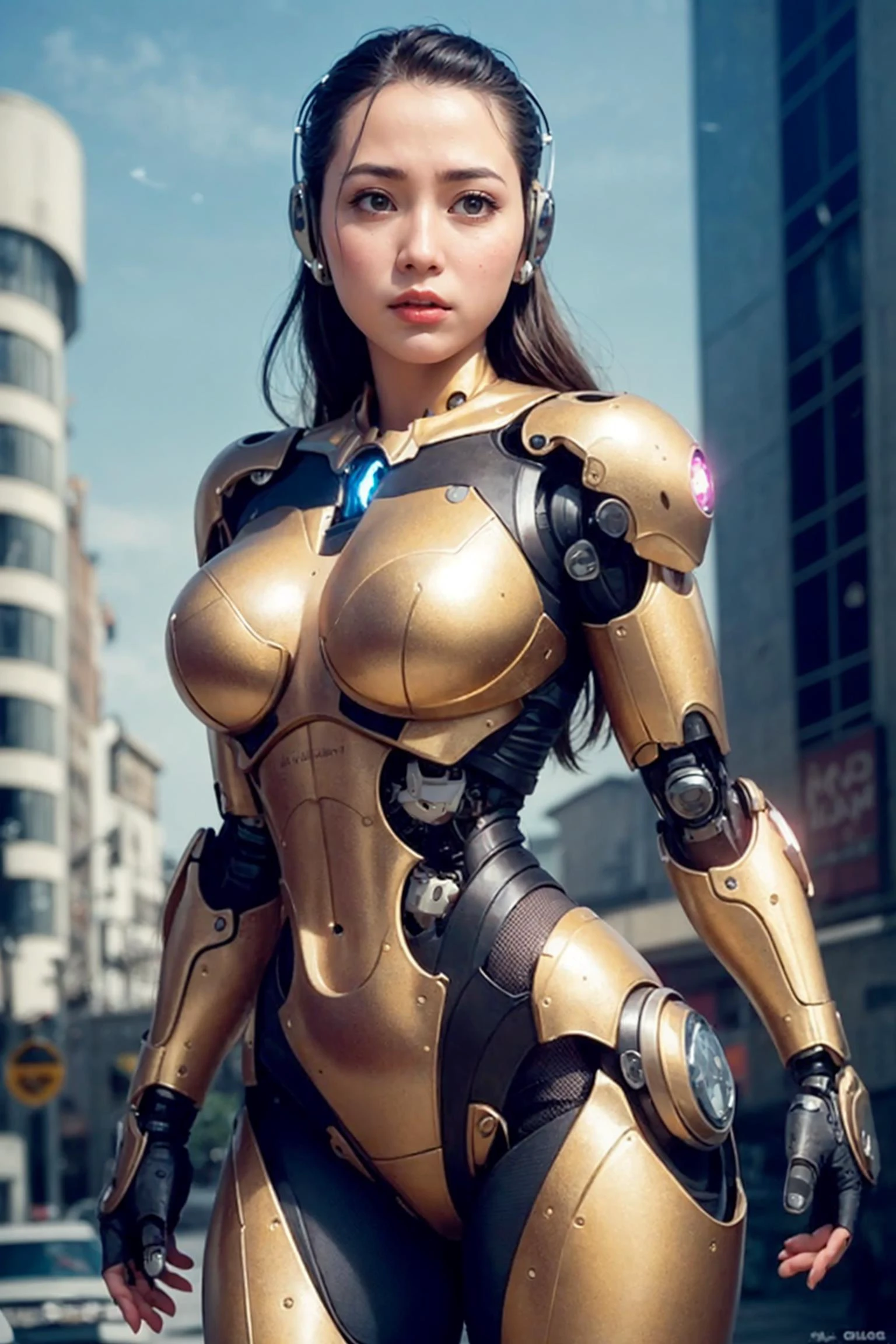 <(photorealistic:1.4), (extremely intricate:1.2)>, <(exquisitely detailed skin), cinematic light, ultra high res, 8k uhd, intricate details, Movie Light, film grain, dreamlike, best shadow, delicate, RAW>,
1girl, solo, Japanese girl, (((cyborg:1.4))), cyborg girl, cyborg armor, cyborg clothing, beautiful detailed eyes, finely detail, bright pupils, turquoise eyes, full body, large breasts:0.8, (((floating hair))), looking at viewer, pov, female focus, puffy eyes, long hair, gorgeous hair, air bangs, dynamic pose, dynamic angle, close-up, thighs open, showing panties, boobs exposed, fighting stance, fighting pose, run forward, running,(((golden metallic color | red metallic color | blue metallic color))),(((Metallic luster, metal reflective, mechanical details, extremely mechanical details, complex mechanical structure))), (((Mirrored Power Armor, fallout 4, fallout))),
defeated, corpse, bleed, battlefield, mechanized background, giant robot in the background, outdoors, cinematic lighting, Cyberpunk world. Cyberpunk metropolis, neon, Sci-fi style, sfw:1.98,