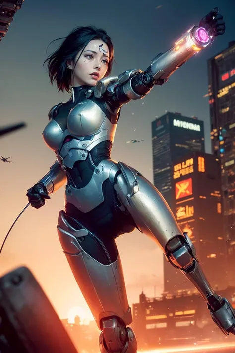 <(photorealistic:1.4), (extremely intricate:1.2)>, <(exquisitely detailed skin), cinematic light, ultra high res, 8k uhd, intricate details, Movie Light, film grain, dreamlike, best shadow, delicate, RAW>, 1girl, solo, Japanese girl, (((cyborg:1.4))), cyborg girl, cyborg armor, cyborg clothing, beautiful detailed eyes, finely detail, bright pupils, turquoise eyes, full body, large breasts:0.2, (((floating hair))), looking at viewer, pov, female focus, puffy eyes, short hair, bob hair, air bangs, dynamic pose, dynamic angle, close-up, fighting stance, fighting pose, run forward, running,(((golden metallic color | red metallic color | blue metallic color))),(((Metallic luster, metal reflective, mechanical details, extremely mechanical details, complex mechanical structure))), (((Mirrored Power Armor))), defeated, corpse, bleed, battlefield, mechanized background, giant robot in the background, outdoors, cinematic lighting, Cyberpunk world. Cyberpunk metropolis, neon, Sci-fi style, sfw:1.98,
