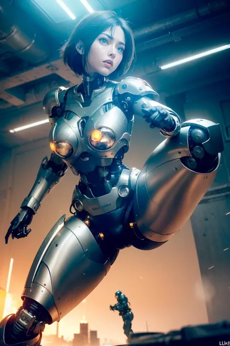 <(photorealistic:1.4), (extremely intricate:1.2)>, <(exquisitely detailed skin), cinematic light, ultra high res, 8k uhd, intricate details, Movie Light, film grain, dreamlike, best shadow, delicate, RAW>, 1girl, solo, Japanese girl, (((cyborg:1.4))), cyborg girl, cyborg armor, cyborg clothing, beautiful detailed eyes, finely detail, bright pupils, turquoise eyes, full body, large breasts:0.2, (((floating hair))), looking at viewer, pov, female focus, puffy eyes, short hair, bob hair, air bangs, dynamic pose, dynamic angle, close-up, fighting stance, fighting pose, run forward, running,(((golden metallic color | red metallic color | blue metallic color))),(((Metallic luster, metal reflective, mechanical details, extremely mechanical details, complex mechanical structure))), (((Mirrored Power Armor))), defeated, corpse, bleed, battlefield, mechanized background, giant robot in the background, outdoors, cinematic lighting, Cyberpunk world. Cyberpunk metropolis, neon, Sci-fi style, sfw:1.98,
