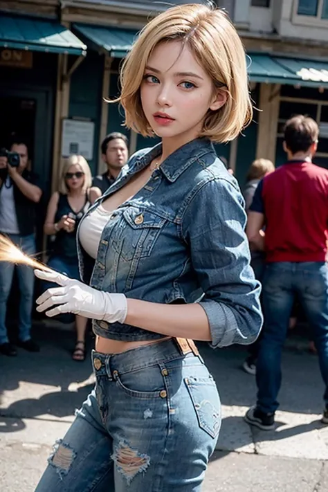 <(photorealistic:1.4), (extremely intricate:1.2)>, <(exquisitely detailed skin), cinematic light, ultra high res, 8k uhd, intricate details, Movie Light, Oil Painting Texture, film grain, dreamlike, perfect anatomy, best shadow, delicate, RAW>,
(((1 girl, cute, denim jacket, white top, jeans, Gloves, blond, short hair, bob hair, side parted hair, blue eyes))), (((blond hair))),
dynamic poses, manga style, depicting a group of characters in various action scenes, from intense battles to lighthearted moments, with dramatic speed lines and bold sound effects, capturing the excitement and energy of the story, Laser rays from the palm of hand, Attack forward with palm, yellowstone park, Grand Canyon,