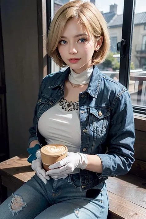 <(photorealistic:1.4), (extremely intricate:1.2)>, <(exquisitely detailed skin), cinematic light, ultra high res, 8k uhd, intricate details, Movie Light, Oil Painting Texture, film grain, dreamlike, perfect anatomy, best shadow, delicate, RAW>,
(((1 girl, cute, denim jacket, white top, jeans, Gloves, blond, short hair, bob hair, side parted hair, blue eyes))), (((blond hair))),
dynamic poses, manga style,
solo, sitting, a young and beautiful woman holding a cup of coffee with both hands, looking out the window with a soft smile, with a curious cat outside on the windowsill, surrounded by warm and cozy interior decor.