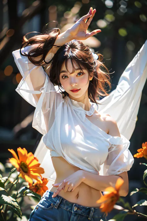 (photo realistic:1.4), (hyper realistic:1.4), (realistic:1.3), <lora:filmgrain:0.4>, volumetric light, rim lights,
(smoother lighting:1.05), (increase cinematic lighting quality:0.9), 32K,
1girl,20yo girl, 
realistic lighting, backlighting, light on face, ray trace, (volumetric light), (brightening light:1.2), (Increase quality:1.4), 
(best quality real texture skin), finely detailed eyes, finely detailed face, (eyes on viewer), (very big smile)
(loose transparent white open-shoulder blouse), (visible bumpy bras contour underneath blouse), strapless, crop top, medium breasts, very tight very short denim pants,  <lora:add_detail_v5:0.3>, 
(Increase body line mood:1.1), shiny skin, (half body shot), beautiful eyes, funny teasing face, pout lips, 
<lora:sd-No.184-000014:0.585>,((very drunk eyes)), ((drunken red face)), 
dynamic dancing pose,  <lora:2023-05-20_160342:0.3>, jump, 
<lora:FenW:0.3>, (beautiful colorful rural flower field background), full of flowers background