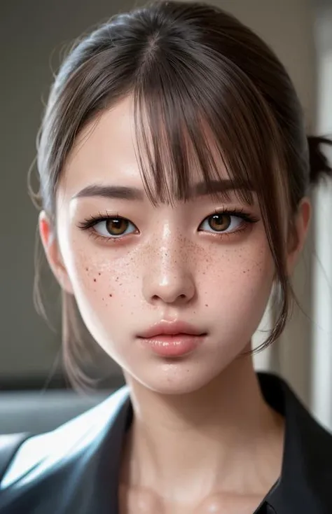 1girl,feature article or story,depth of field,focused on eyes, bokeh, caustics,
(RAW photo, best quality),(realistic, photo-realistic:1.3),(extremely delicate and beautiful:1.1),Amazing,finely detail,masterpiece,ultra-detailed,highres,best shadow,intricate,(extremely intricate:1.2),8k UHD,DSLR,high quality,( film grain:1.4),Fujifilm XT3,
strong light from front, radiosity,
frontal photography,(looking away:1.4),
(coolcolor:1.4),sharp focus,
Go Pro, macro,tilt:0.4,
(exquisitely detailed skin), no makeup skin,
blunt bangs on forehead, no parted bangs,short hair,
detailed iris,detailed pupil eyes,
(pores:0.4), (freckles on cheek:0.4),
(wet glossy lip:3), slightly opened mouth,
perfect anatomy,volumetric fog,